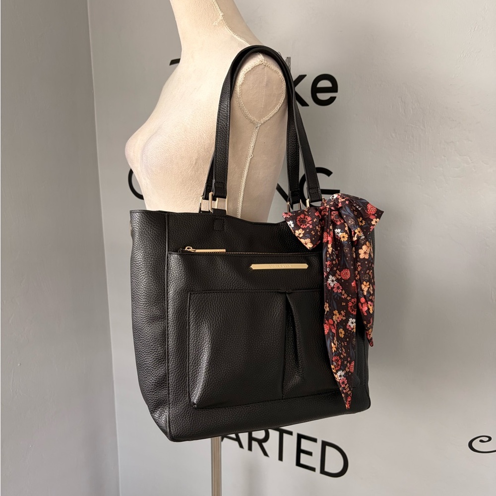 NWT Steve Madden Black PU Leather Tote  with Floral Scarf